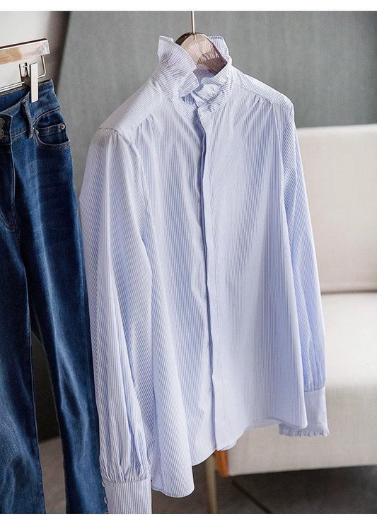 Women's Long-sleeved Ruffled Stand Collar Blue Stripes Shirt