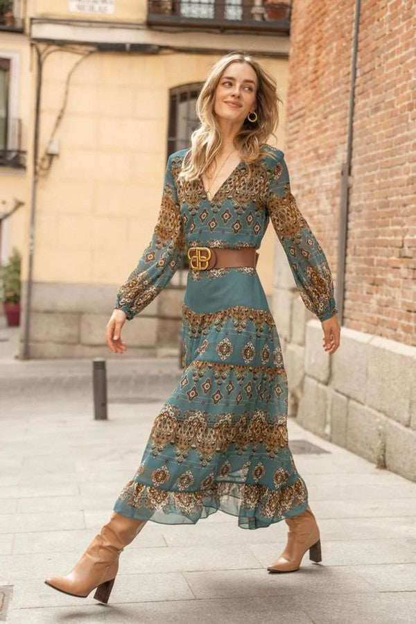 Grünes V-Ausschnitt Langarm-Midikleid