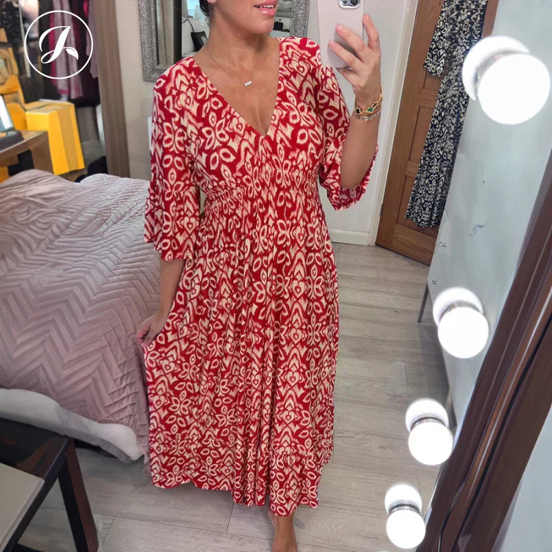 Bohemian Casual Print V-Neck Waist Wrap Long Dress