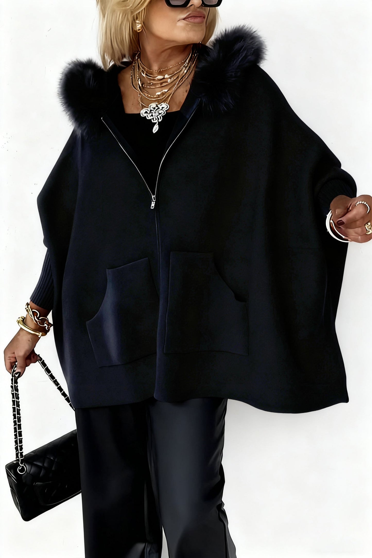 Damen Freizeitjacke mit Pelzkragen, einfarbig