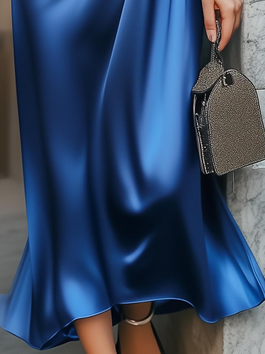 Einzigartiges V-Ausschnitt, einfarbiges, kurzärmeliges Midikleid