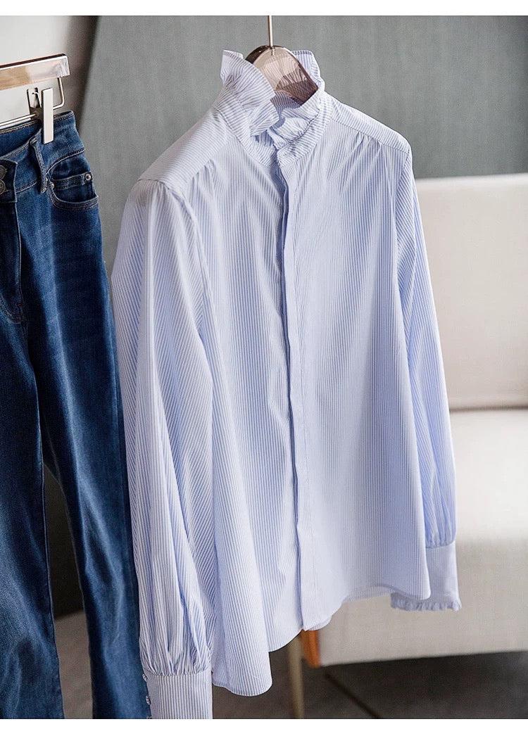 Damen Langarm Rüschen Stehkragen Blau gestreiftes Hemd