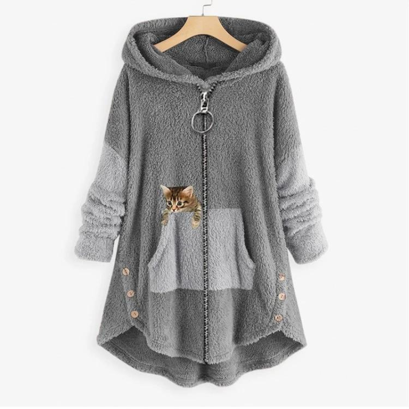Kapuzenpullover aus Fleece mit Katzenprint und geräumigen Taschen