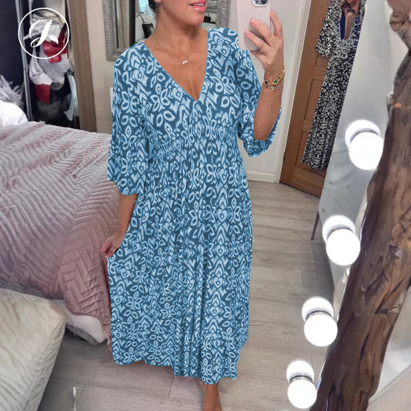 Bohemian Casual Print V-Neck Waist Wrap Long Dress